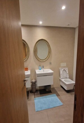 Secadora de cabello, bidet, toallas, jabón 