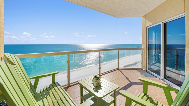 A balcony with a view of the beach and ocean. - NEW 15th Floor Gulf View - Balcony - Pool - Hot Tub (Pensacola Beach)