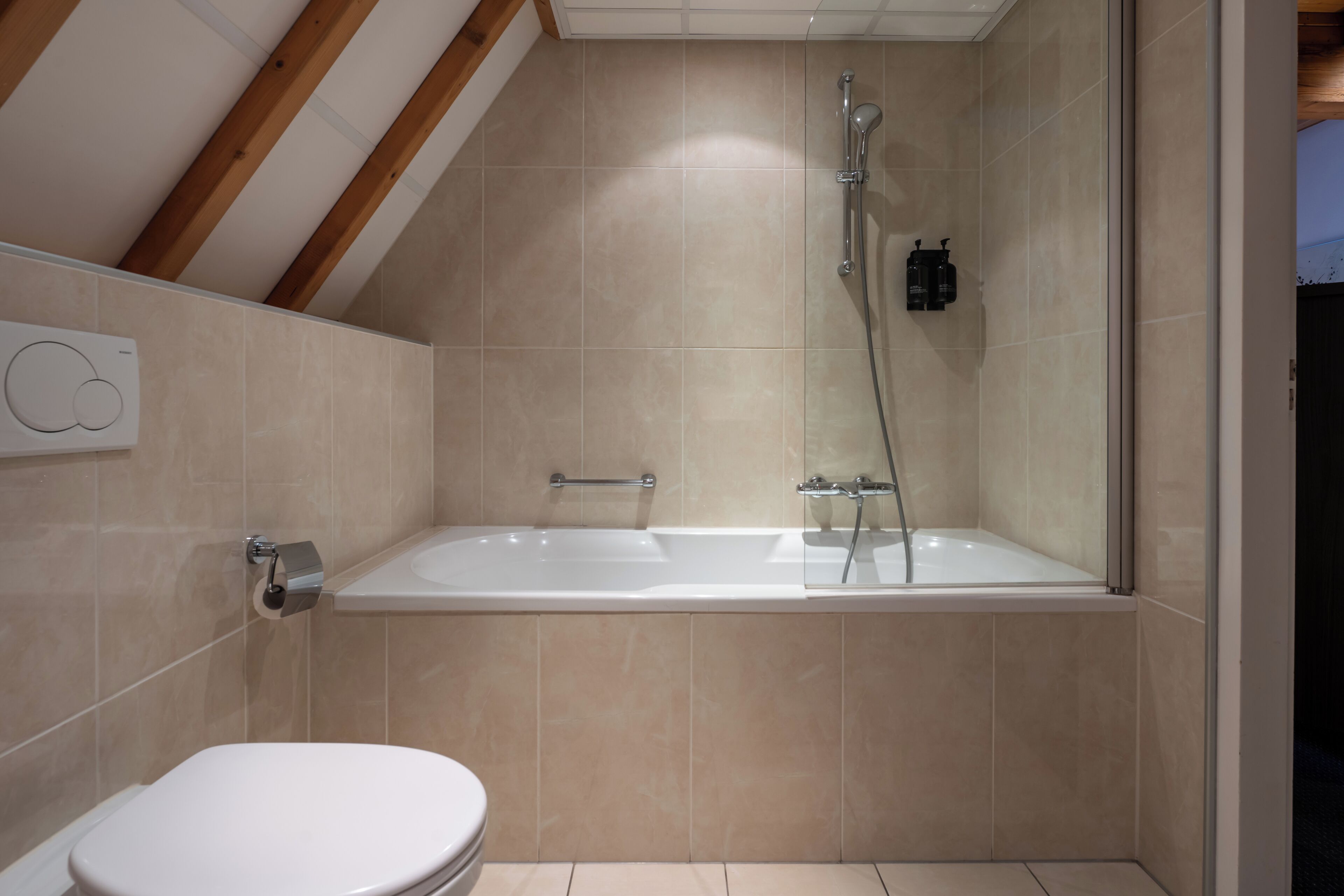 Een moderne badkamer met bad, toilet en douche.