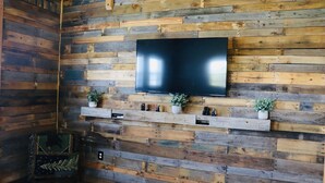 A room with a wooden wall paneling, a mounted flat-screen TV, and shelves with small potted plants.