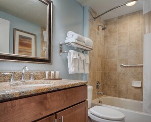 Hair dryer, towels, soap, toilet paper