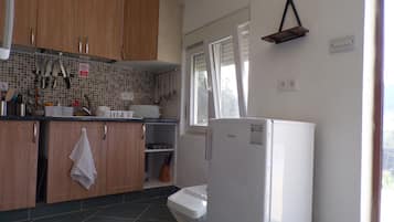 Apartamento | Cocina privada | Frigorífico, microondas, horno y placa de cocina
