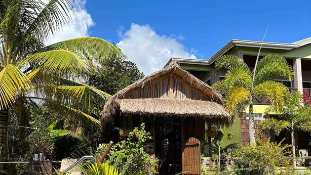 Una località turistica tropicale con piscina, palme e una capanna con tetto di paglia.