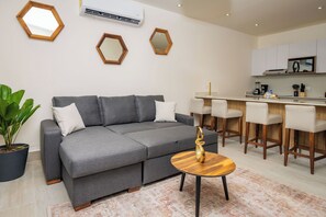 Leilighet – standard | Oppholdsrom | En 50-tommers smart-TV med Parabol-TV samt Netflix og Hulu