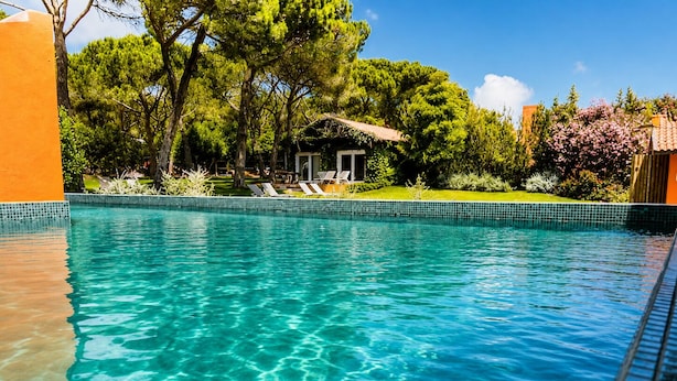 A clear swimming pool with a tiled edge, surrounded by greenery and a small building with a tiled roof. - Quinta da Bicuda (Cascais)