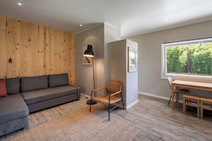 A modern living room with a grey sofa, a wicker chair, a floor lamp, and a wooden wall.