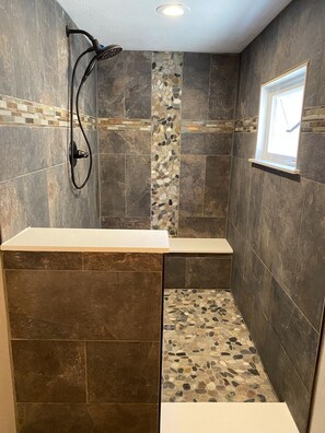 Hair dryer, towels, soap, toilet paper