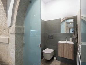 Ducha, bañera de hidromasaje, secador de pelo, toallas