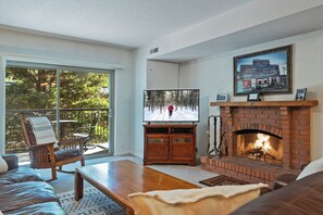 A living room with a fireplace, a television, a couch, and a view of trees through a sliding glass door.