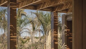 A covered outdoor seating area with a table and chairs, palm trees, and a hammock. - Salara Boutique Hotel & Villas Todos Santos (El Pescadero)
