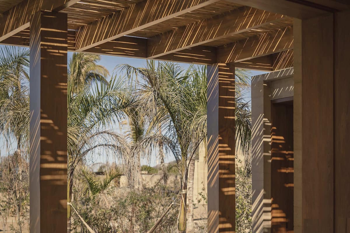 A covered outdoor seating area with a table and chairs, palm trees, and a hammock.