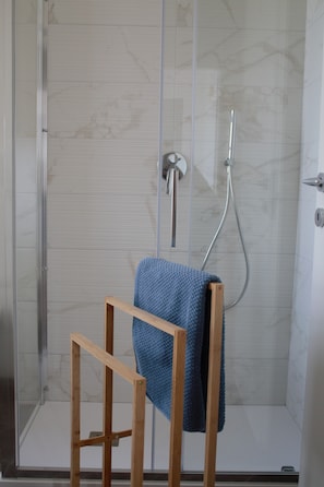 Shower, hair dryer, bidet, towels