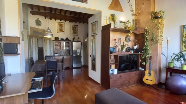 Ein großzügiger Wohnbereich mit Holzboden, einem Esstisch, einer Couch und einem Fernseher. Zimmerpflanzen und eine Gitarre sind ebenfalls vorhanden.
