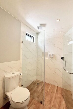 Une salle de bain moderne avec une douche à parois de verre, des toilettes et un plancher en bois.