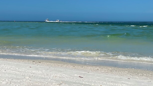 A beach with clear water, a boat in the distance, and a sandy shore.