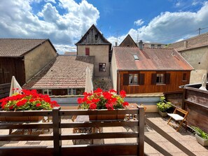 Un patio con bancos de madera, flores rojas y edificios tradicionales con tejados de tejas.