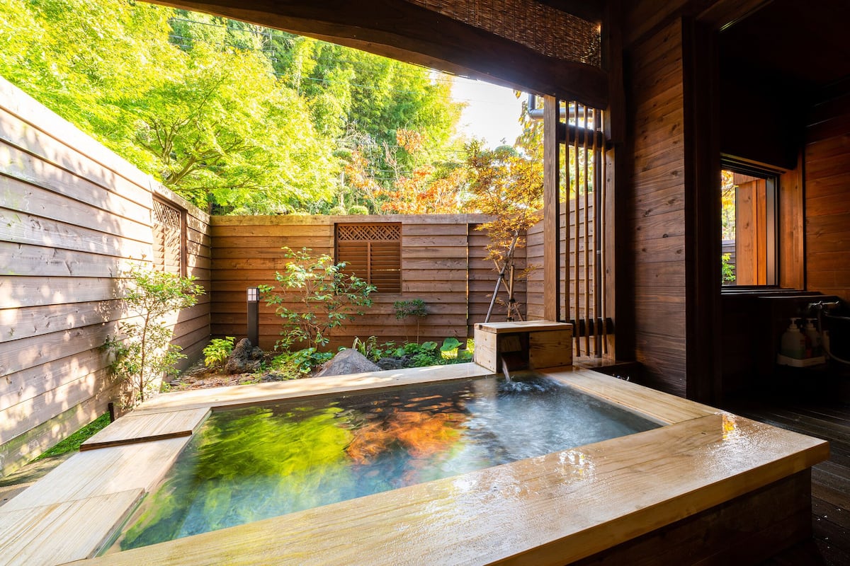 A wooden spa area with a hot spring, wooden walls, and a view of trees.