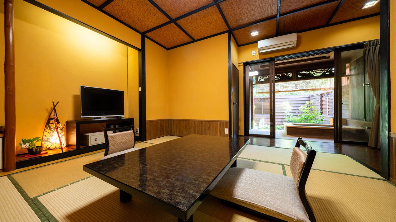 A room with tatami mats, a television, a sliding door to a garden, and a traditional Japanese lamp.