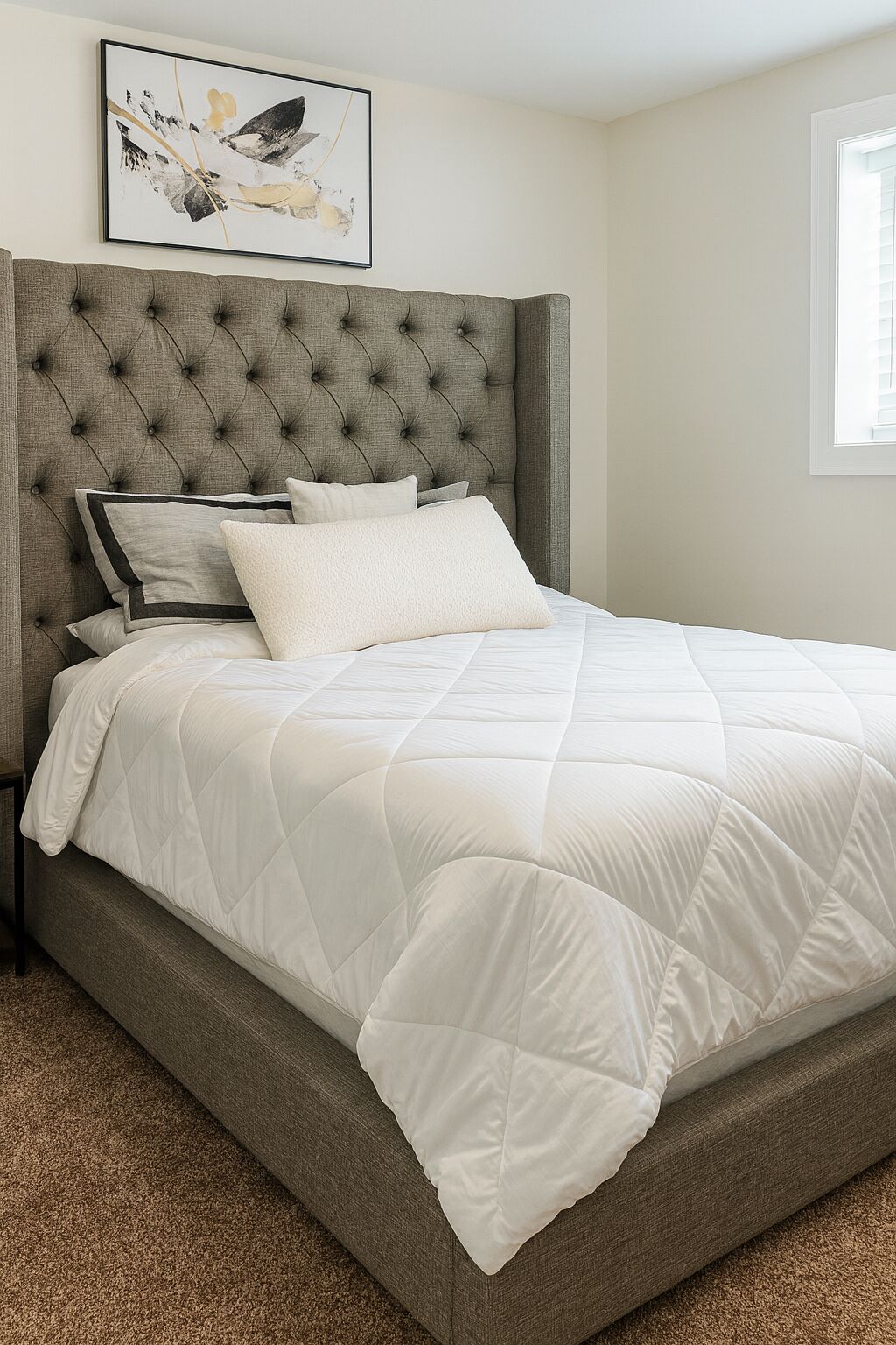 A bedroom with a tufted headboard, a quilted bedspread, and a framed abstract artwork on the wall.