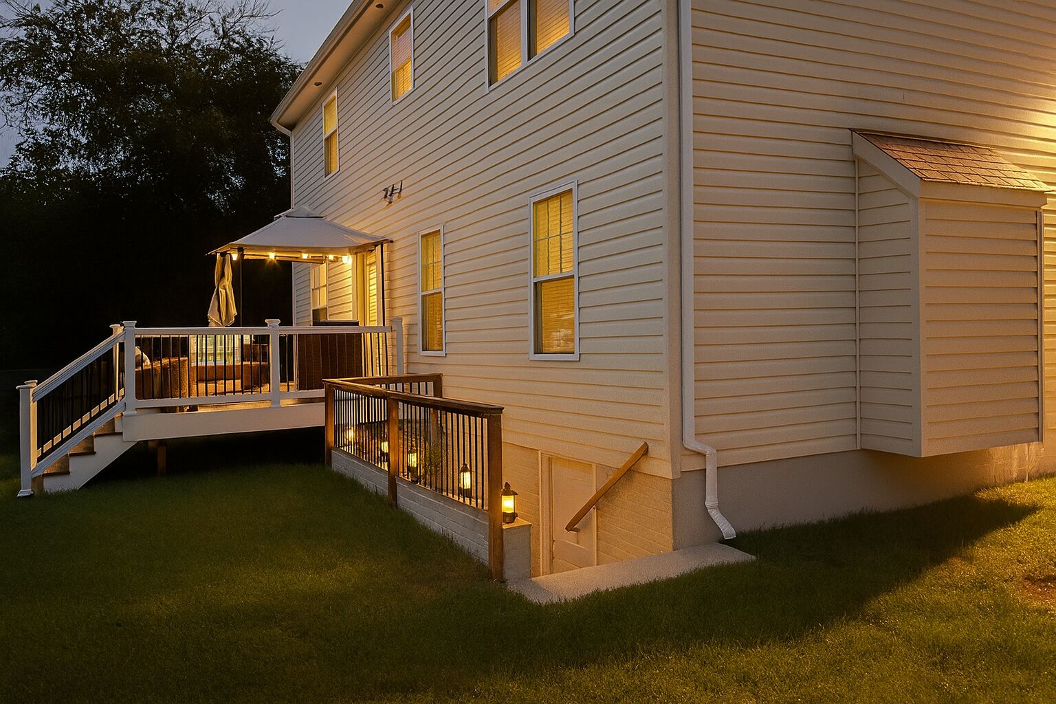 A two-story house with a covered porch and a staircase leading to the entrance.