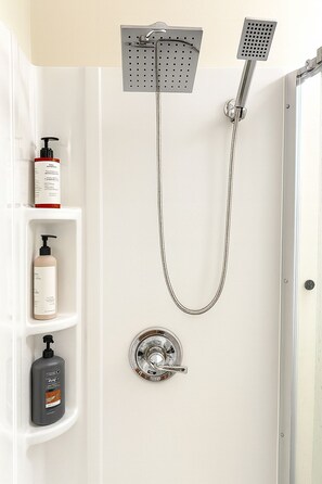 Hair dryer, towels, soap, shampoo