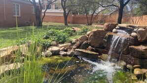 Un jardin avec une petite cascade, entouré de rochers et de verdure.