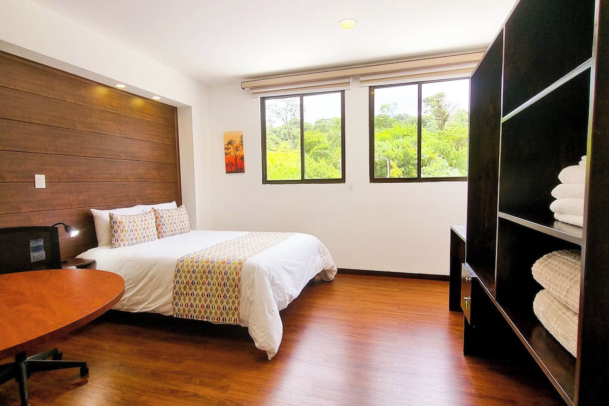 A hotel room with a bed, a desk, a chair, a wardrobe, and large windows with a view of greenery.