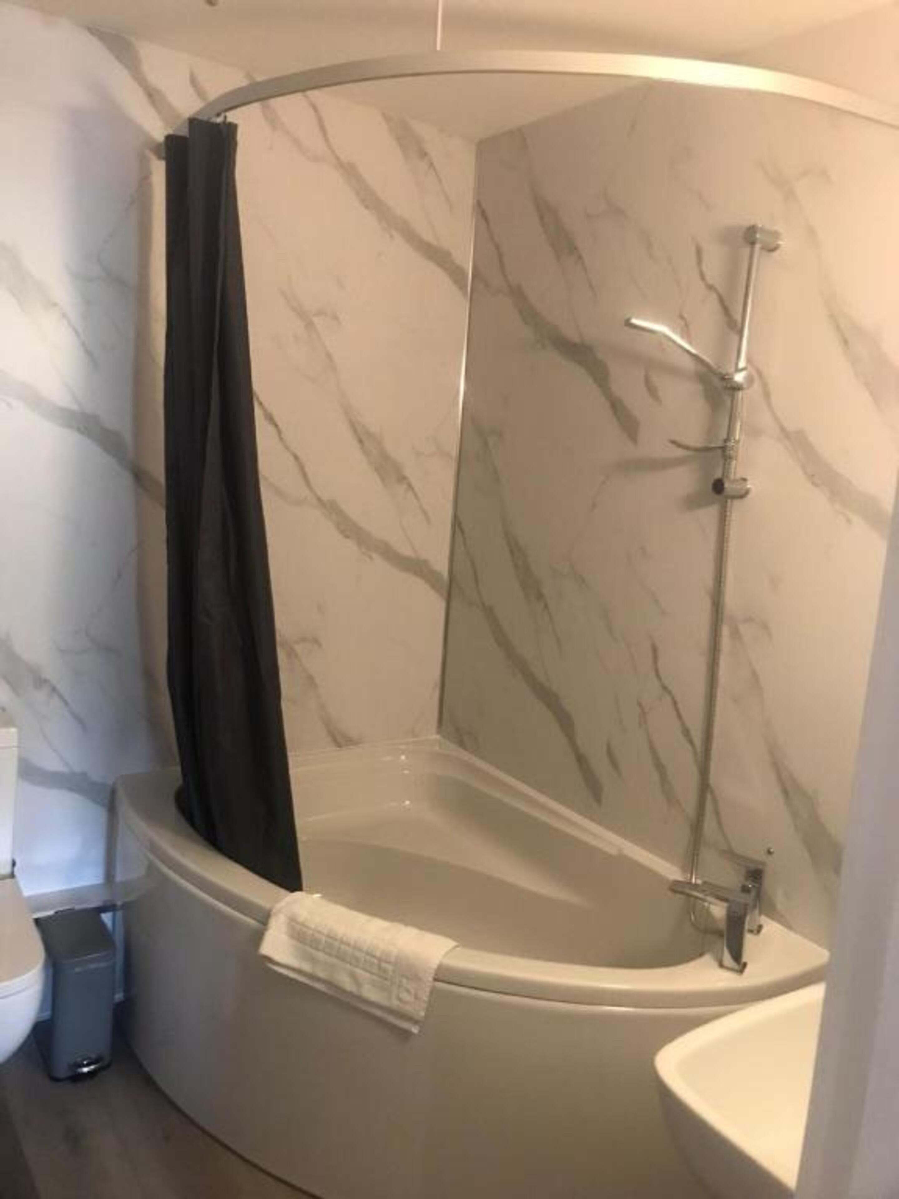 A corner bathroom with a freestanding bathtub, a shower, and a toilet.