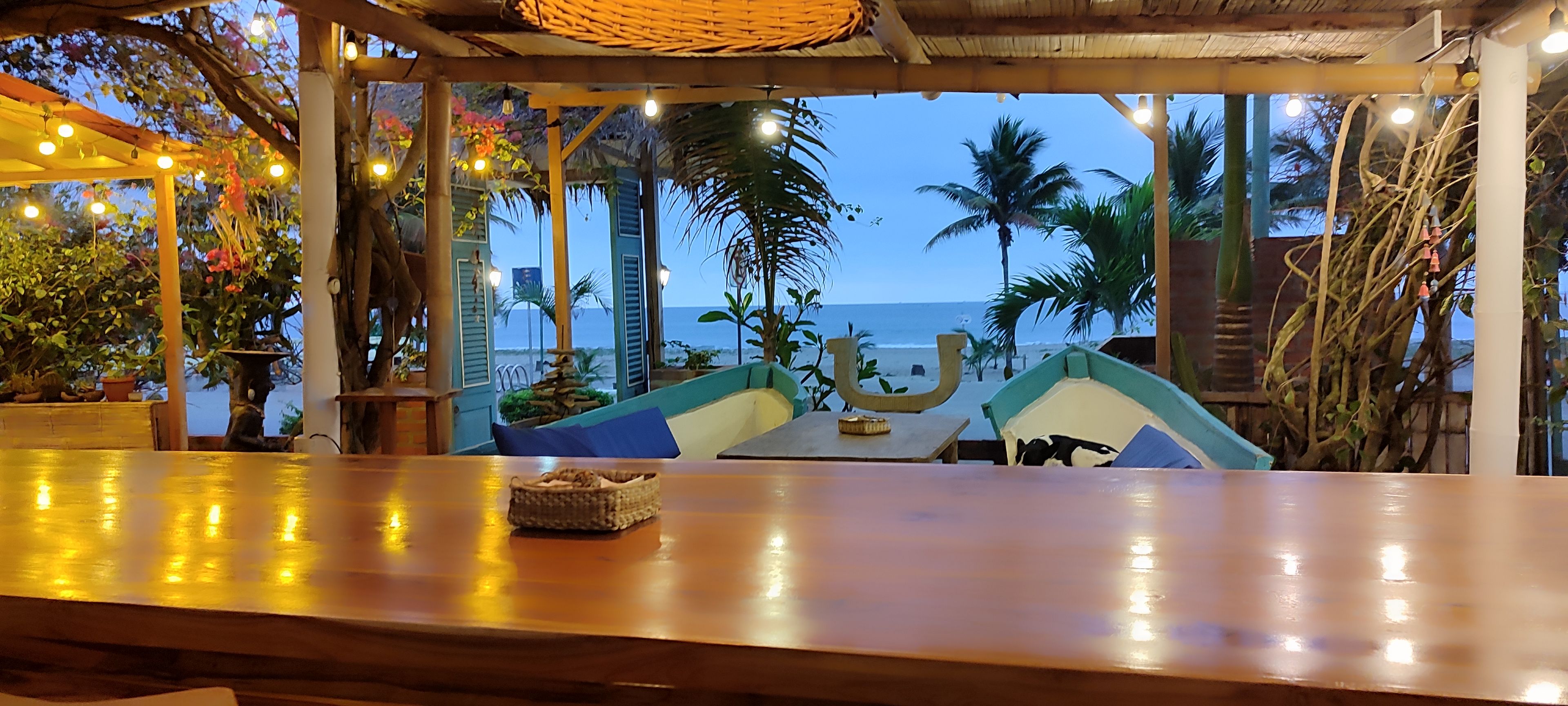 A beachside restaurant with a wooden bar, outdoor seating, and a view of the ocean.