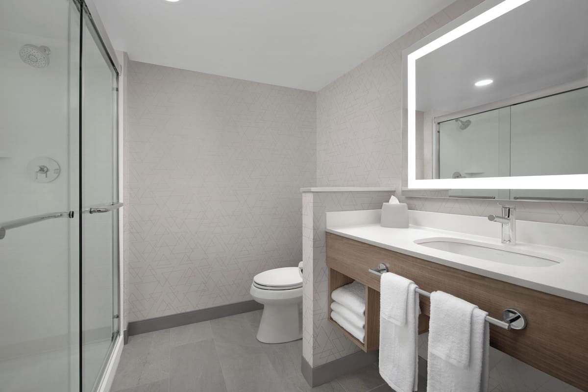 A modern bathroom with a glass shower enclosure, a white toilet, and a wooden vanity with a mirror above the sink.