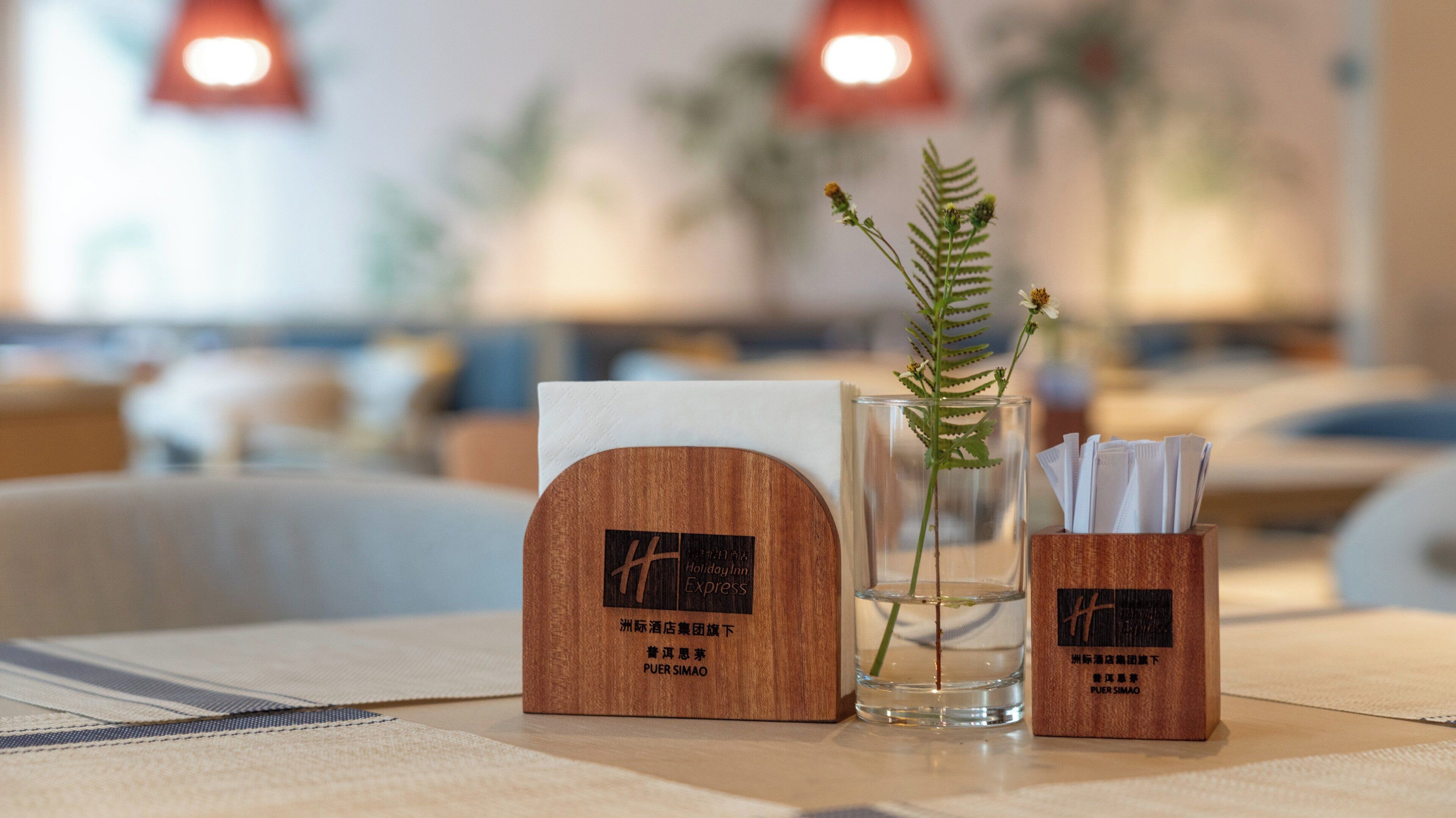 A wooden table with a napkin holder, a glass vase with a plant, and a tissue box.