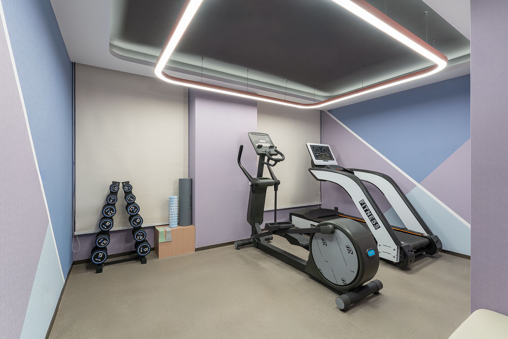 Une salle de sport moderne équipée de machines de cardio, d’haltères et d’un appareil d’exercice fixé au mur.