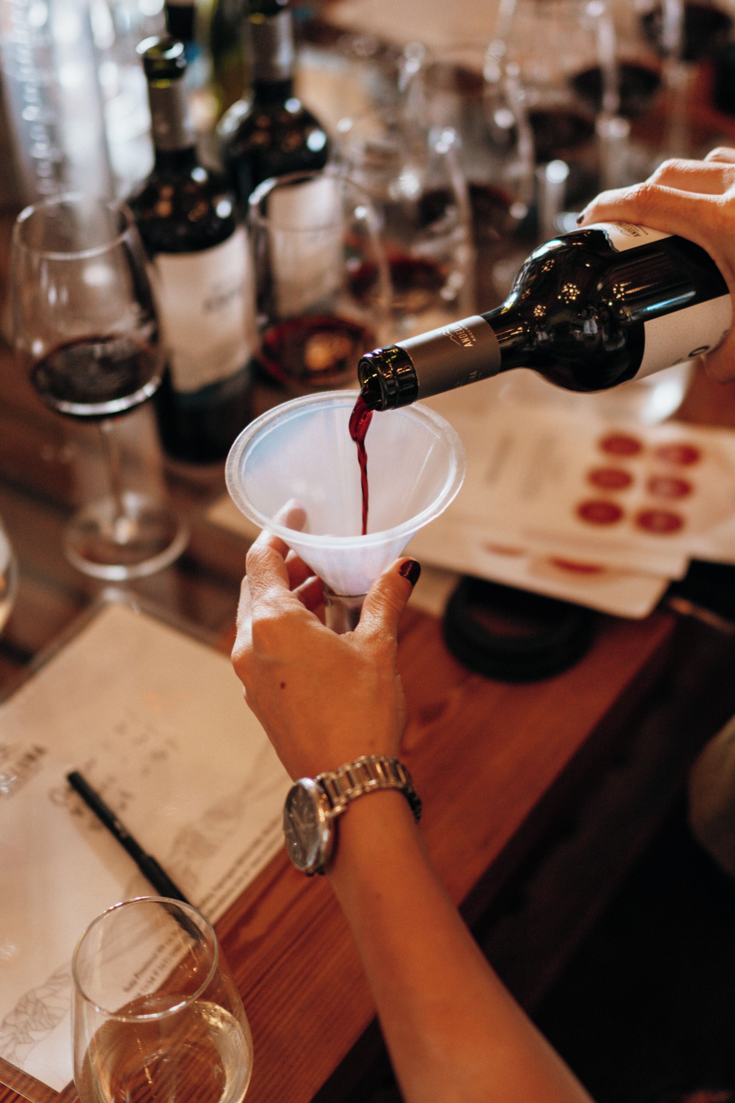 A person pouring wine into a glass.