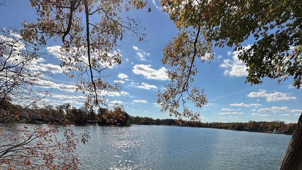 A wooden deck leading to a lake with a clear view of the water and surrounding trees. - Pine Lake Cottage with Views (Plainwell)