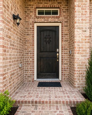 A brick house with a dark wooden front door, a small window above the door, and a doormat on the front steps.