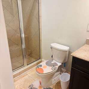 Hair dryer, towels, soap, toilet paper