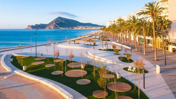 A coastal promenade with palm trees, a curved walkway, and a view of the sea and a mountain.