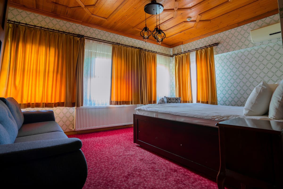 A bedroom with a bed, a chair, a radiator, and curtains.