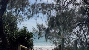 Un sendero de arena que conduce a una playa con valla de madera y árboles.