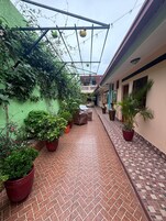 Un espacio al aire libre cubierto con suelo de ladrillo, plantas en macetas y una pérgola con luces colgantes.