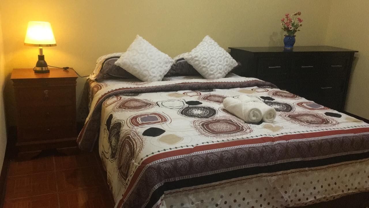 A neatly made bed with patterned bedding, a bedside lamp, and a dark dresser with a vase of flowers.