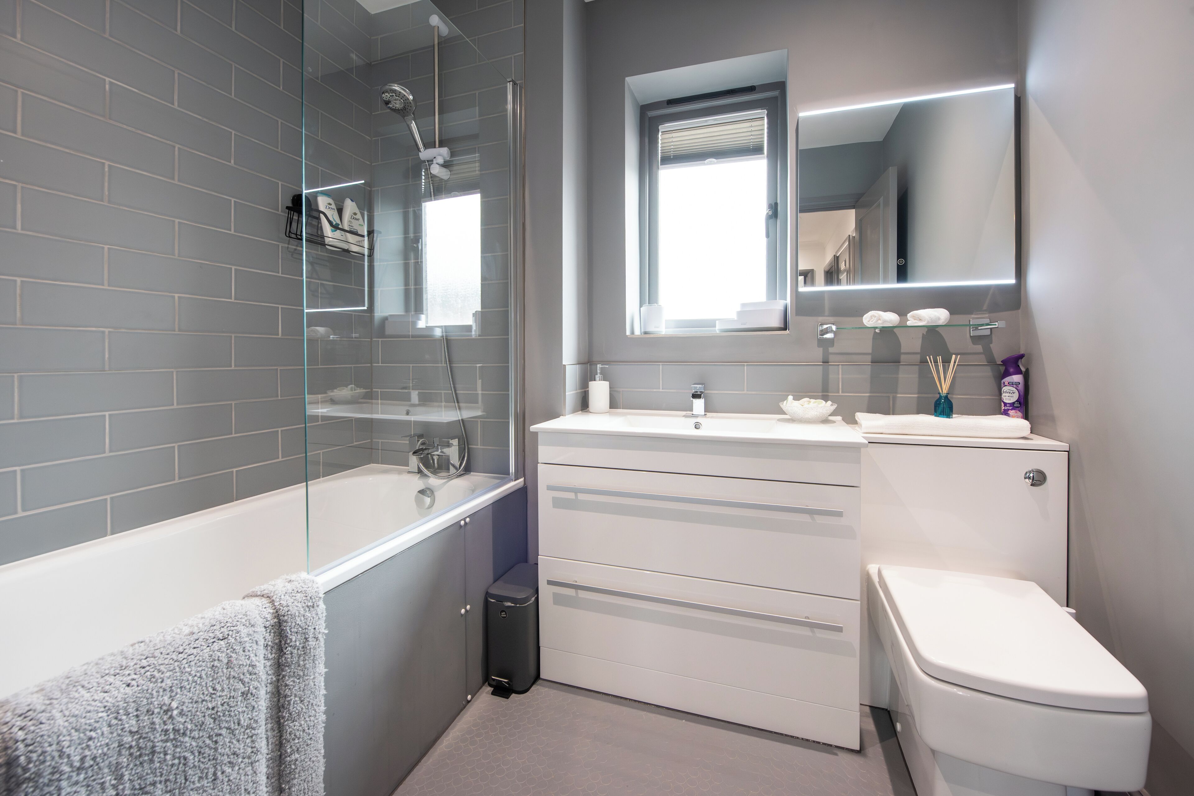 Hair dryer, towels, soap, shampoo