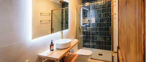 Shower, hair dryer, towels, soap