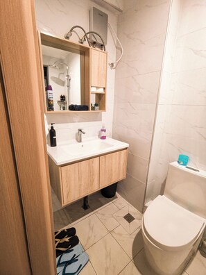 Haartrockner, Handtücher, Seife, Toilettenpapier