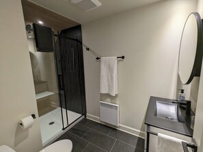Une salle de bain moderne avec une douche à parois de verre, des toilettes, un lavabo avec un miroir et un porte-serviettes.
