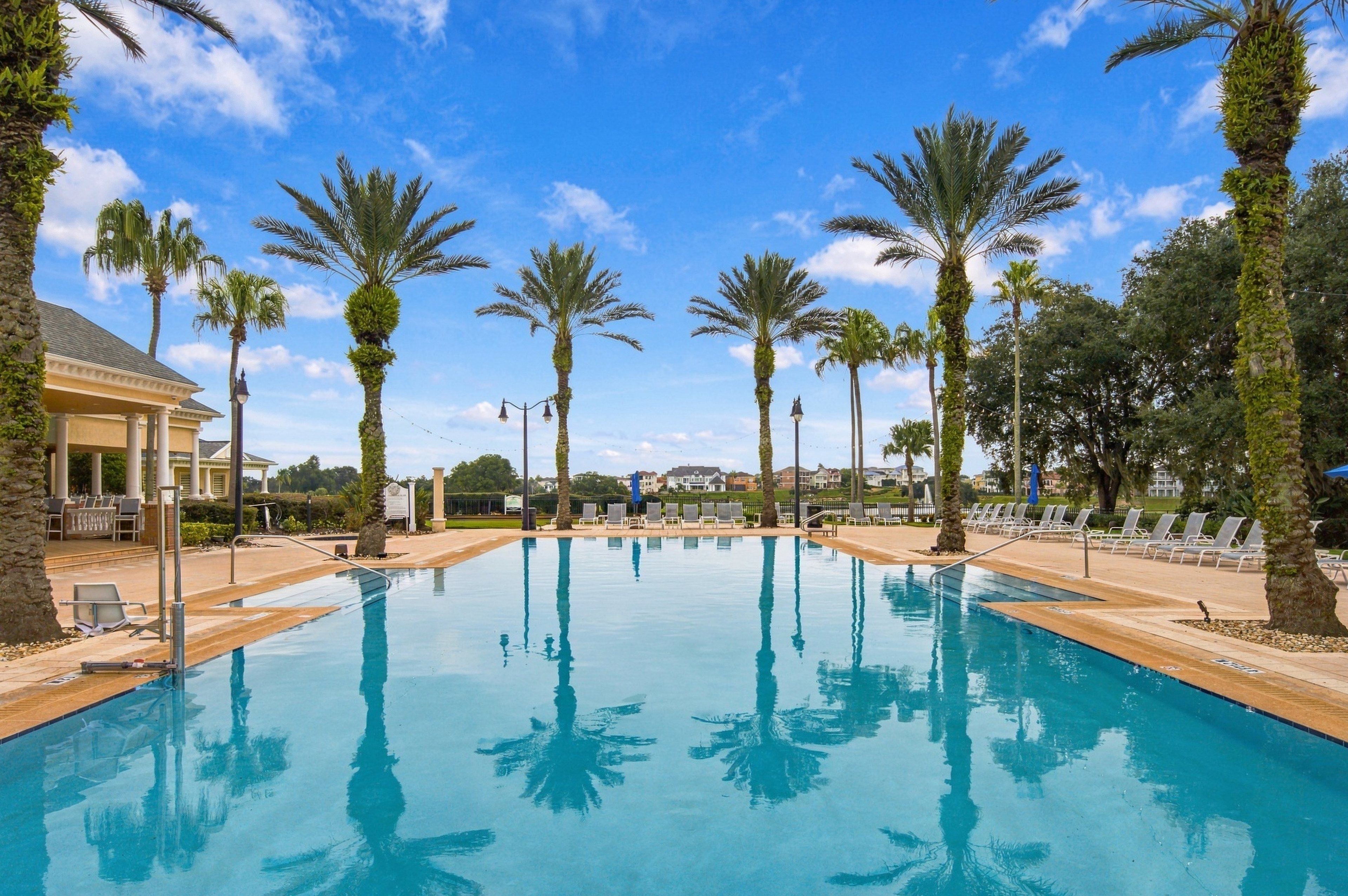 A swimming pool with clear blue water, surrounded by palm trees and lounge chairs.