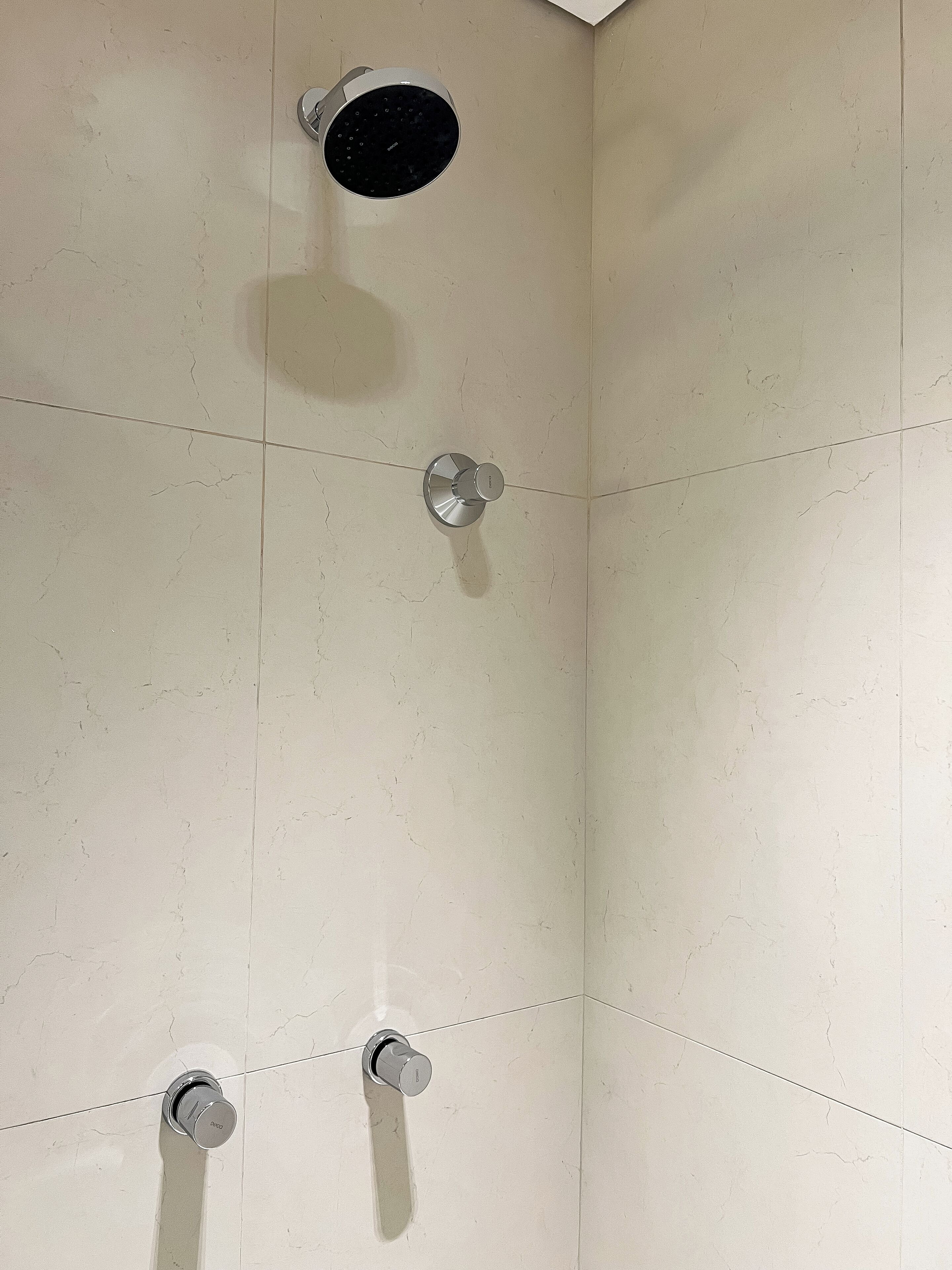 Un bagno con un soffione e due rubinetti.