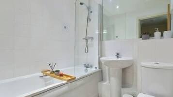 Shower, hair dryer, towels, toilet paper