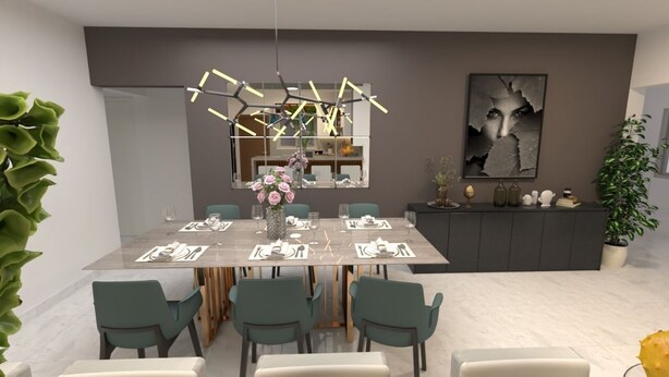 A modern dining area with a rectangular table set for six, surrounded by green chairs. A contemporary chandelier hangs above, and a large abstract painting is on the wall. - Milas House (La Romana)