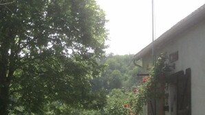 A garden with a table and chairs, a staircase leading to a building, and a large tree. - Le Tilleul - CHISSEY-EN-MORVAN (CHISSEY-EN-MORVAN)